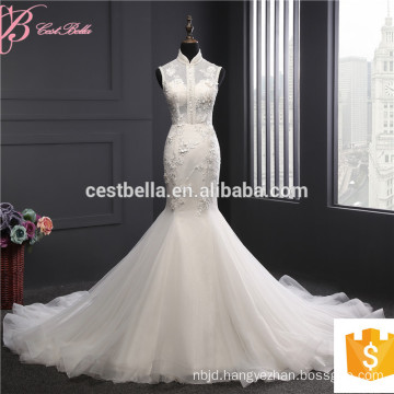 Alibaba Suzhou Factory Price Mermaid Wedding Dress High Neck Lace With Long Train